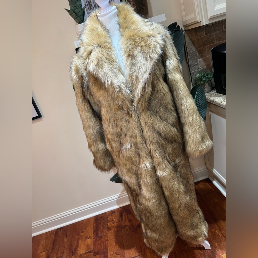 Zara Tan/Brown Faux Fur Long Coat XS-S